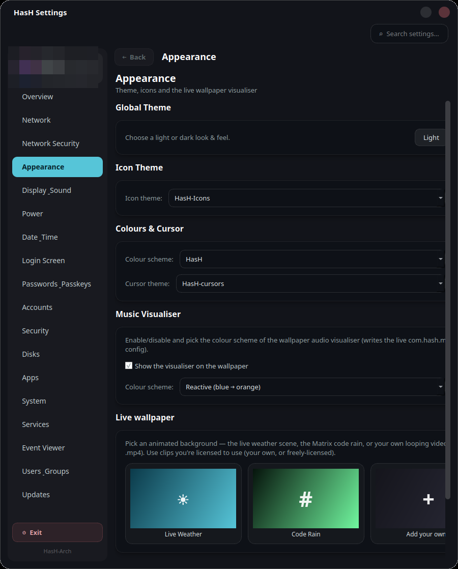 HasH Settings — appearance & live wallpapers