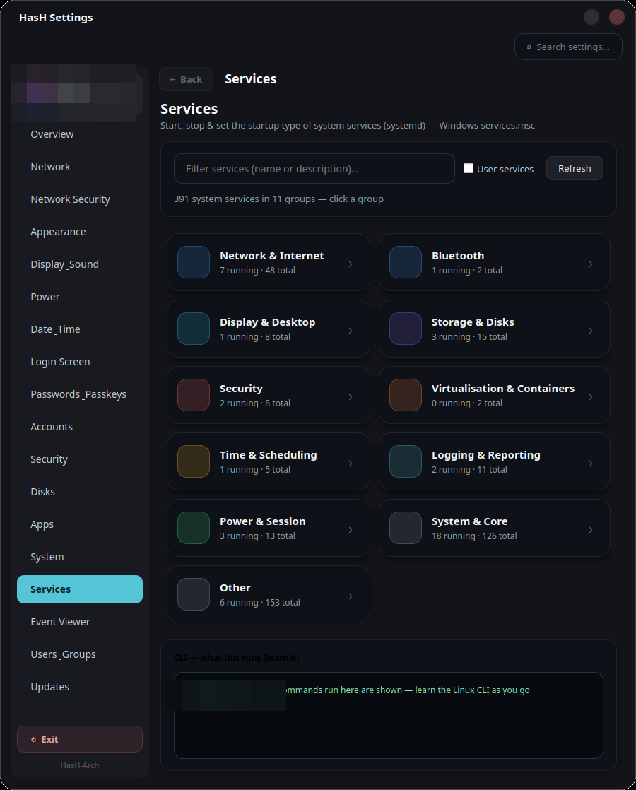 HasH Settings — grouped system services